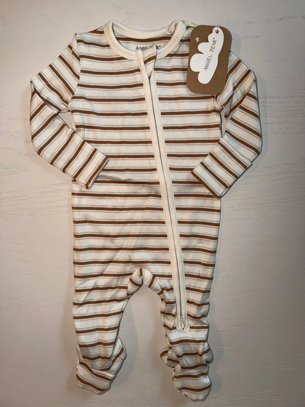 Angel Dear Neutral Stripe Brown Footie 3-6 6-9 months